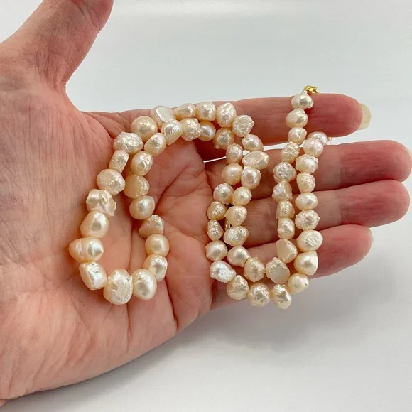 White Keshi Baroque Pearl Necklace with Gold Plated Clasp,19 1/2” Long